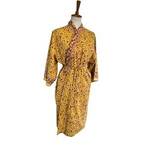 Vintage Boho Golden Yellow Floral Robe Kimono Wrap – Small, Artisan Cotton Blend